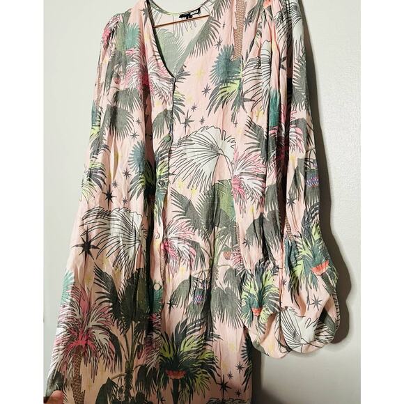LoboRosa Pink Floral Puff Sleeve Palms Button Front Up Dress Size Large - Picture 14 of 16
